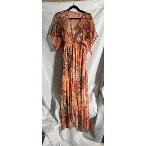 SUNDANCE Orange Red 100% Silk Paisley Print Flutter Sleeve Maxi Dress Sz Small